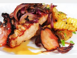 High Pork Steak with Roasted Red Onion and Bacon, Roasted Potatoes