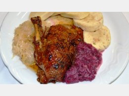 Roasted Duck, Potato or Bread Dumplings and Stewed White or Red Cabbage