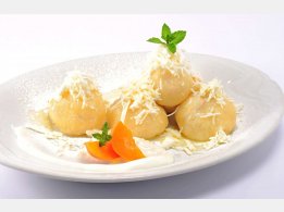 Fruit Dumplings with Cottage cheese, Melted Butter and Sugar