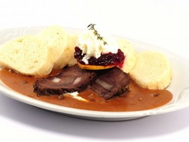Marinated Beef in Cream Sauce with Cranberries and with Bread Dumplings